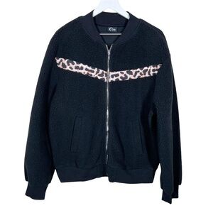 Zyia Active Black Leopard Flying V Fleece Zip Up Bomber Style Jacket Size XL